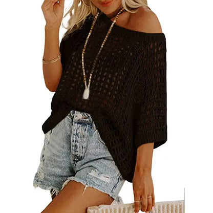 Women’s Lightweight Crochet Short Sleeve Sweater – Loose Hollow-Out Summer Top
