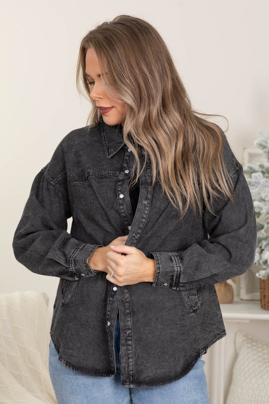Charcoal Washed Denim Casual Button Up Top