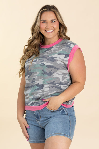 Camo Print Knit Top With Pink Trim