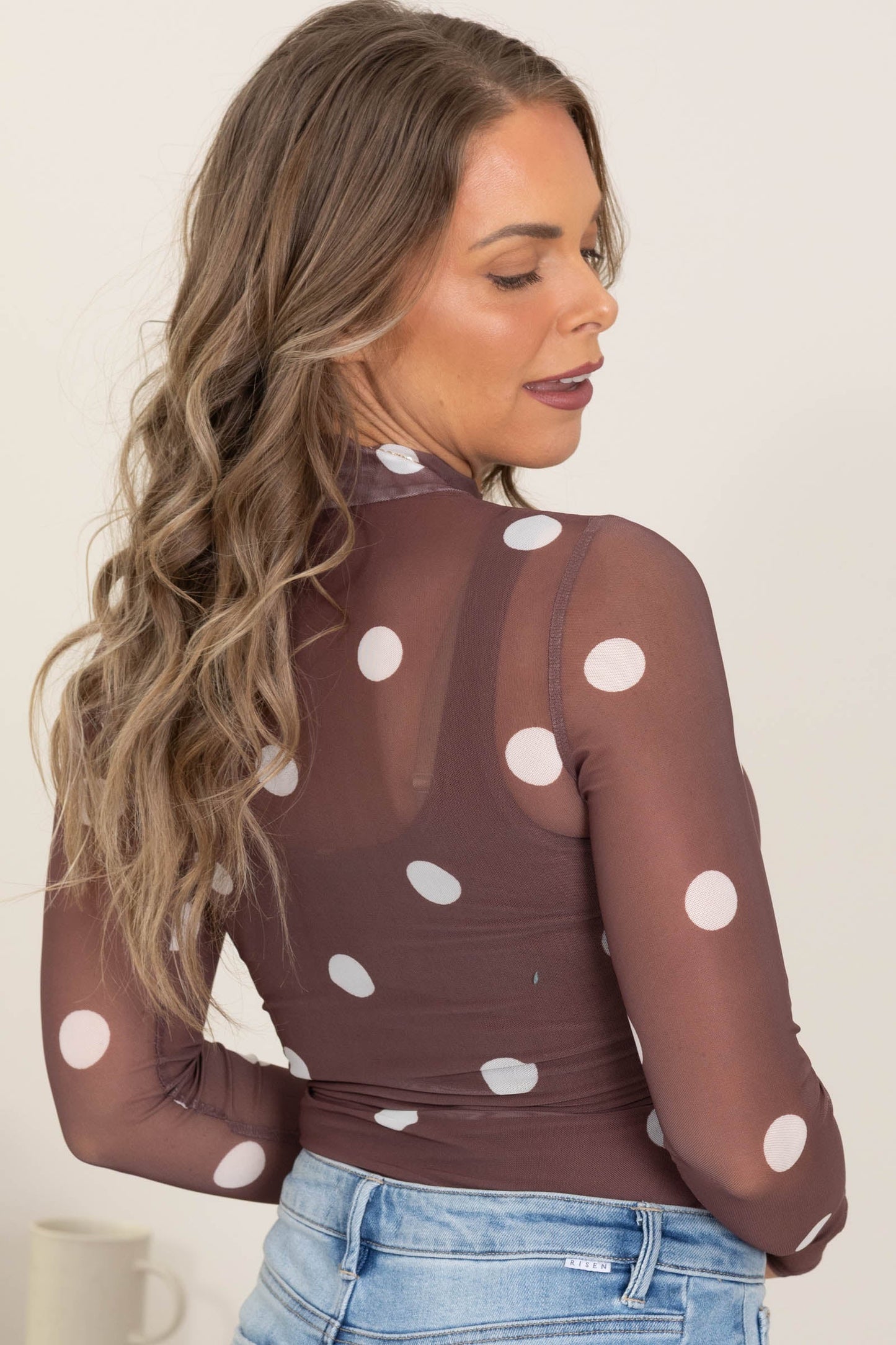 Brown Polka Dot Mesh Long Sleeve Bodysuit
