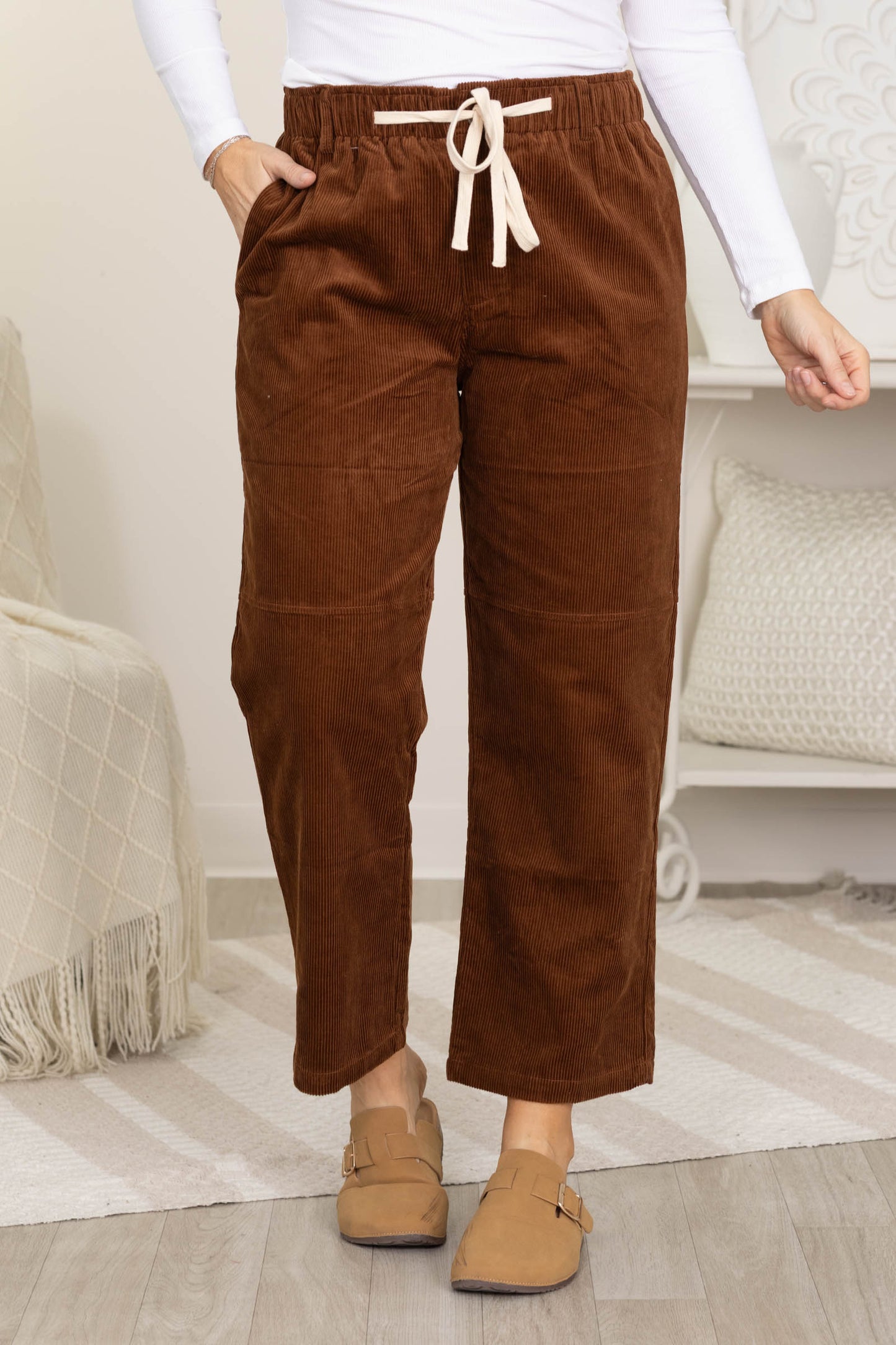 Brown Corduroy Elastic Tie Waist Straight Pant