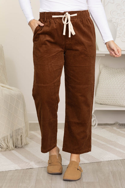 Brown Corduroy Elastic Tie Waist Straight Pant