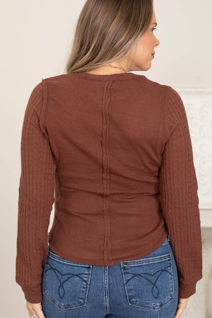 Brown Cable Knit Sleeve Detail Fitted Knit Top