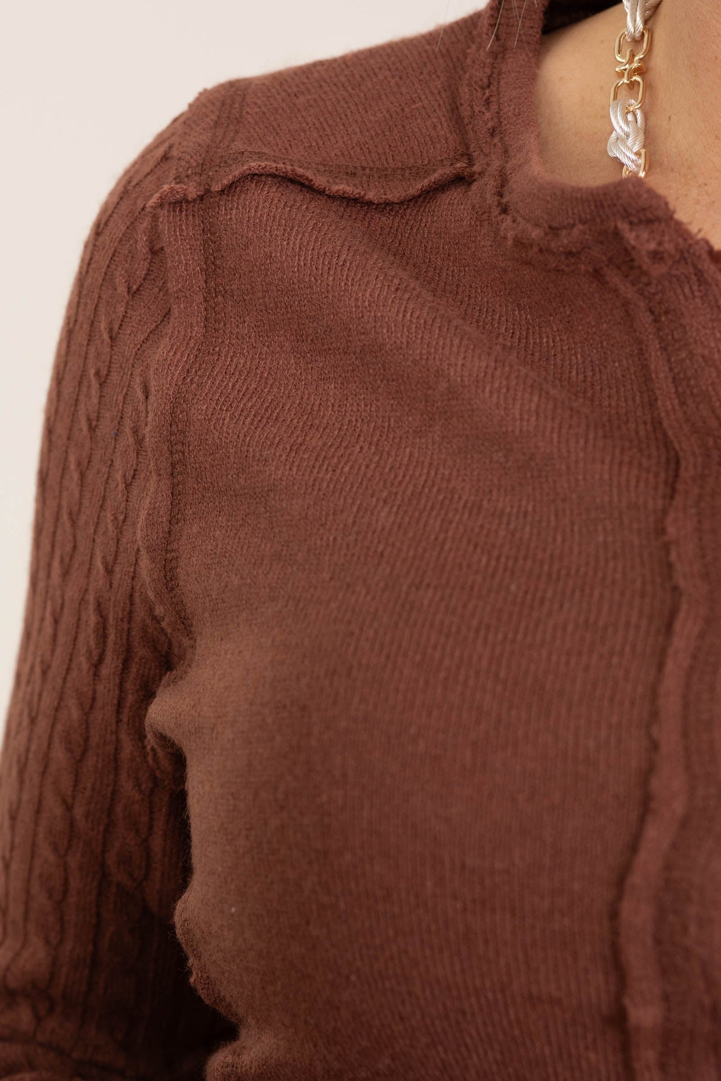 Brown Cable Knit Sleeve Detail Fitted Knit Top