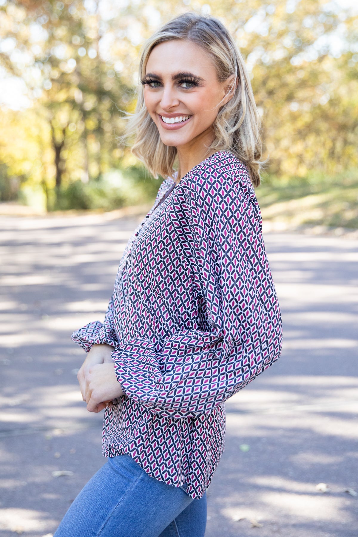 Burgundy Multicolor Geometric Print Top