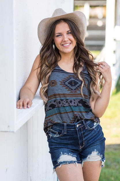 Charcoal Aztec Print Round Neck Tank