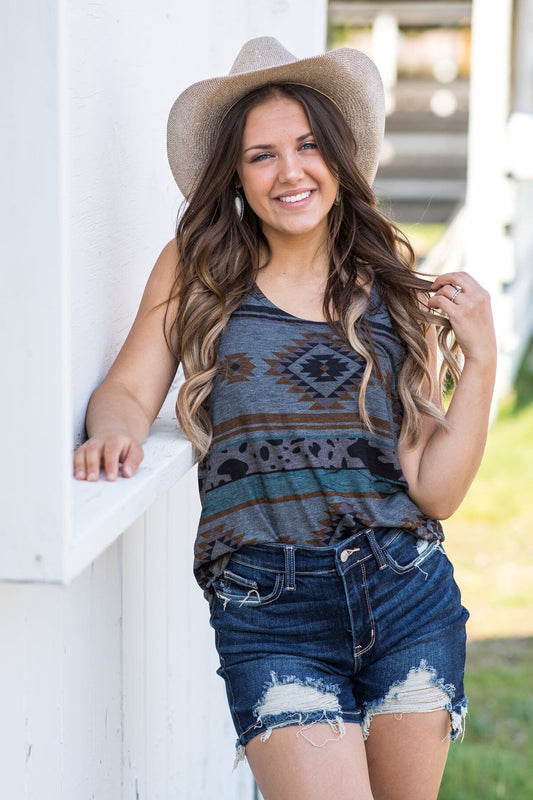 Charcoal Aztec Print Round Neck Tank