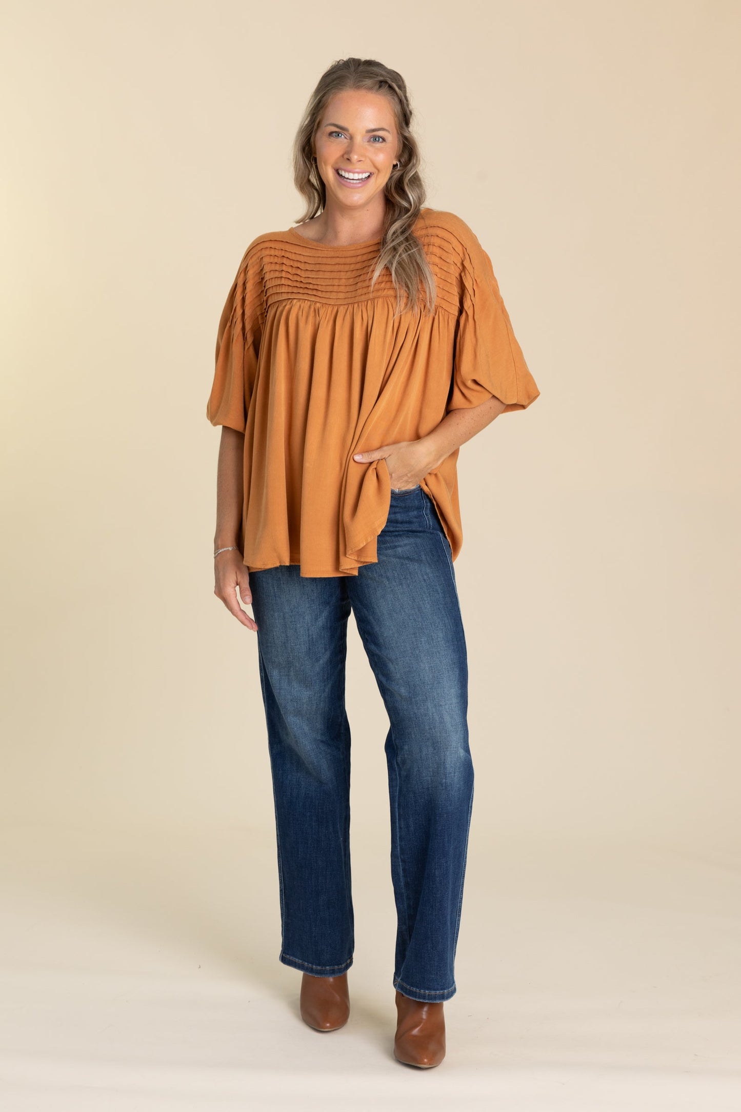 Burnt Orange Pintuck Woven Top