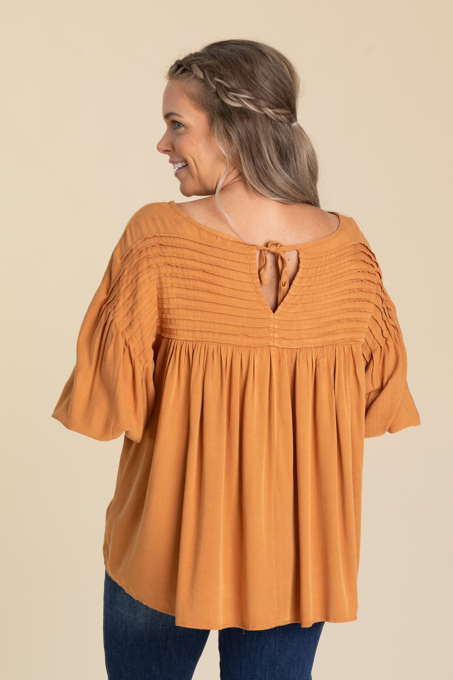Burnt Orange Pintuck Woven Top