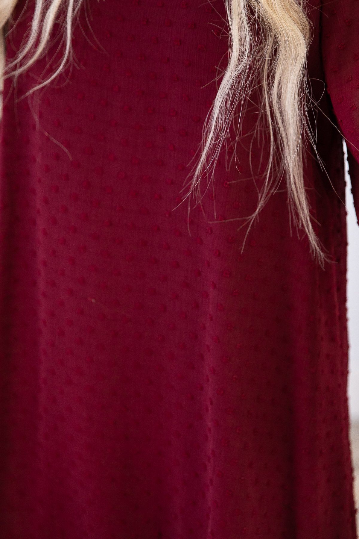 Burgundy Swiss Dot Flare Sleeve Dress