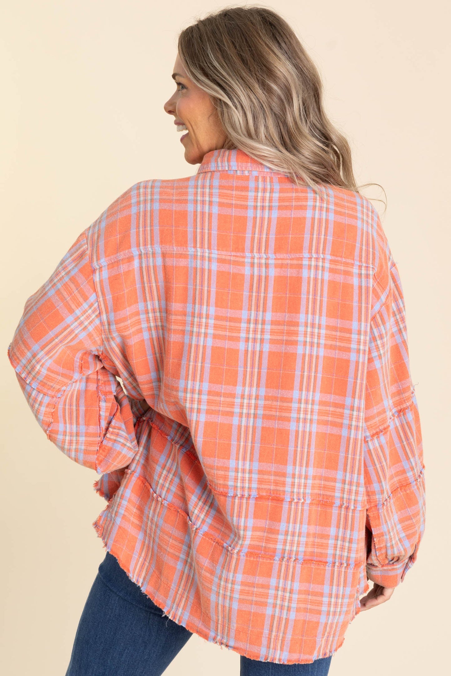 Coral Mineral Washed Plaid Button Up Top