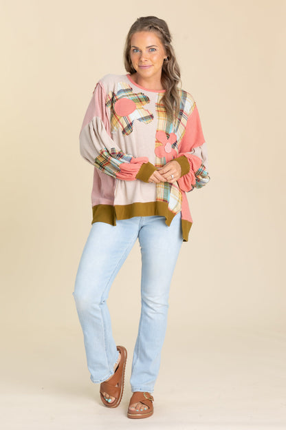 Coral Combo Plaid Daisy Patch Knit Top