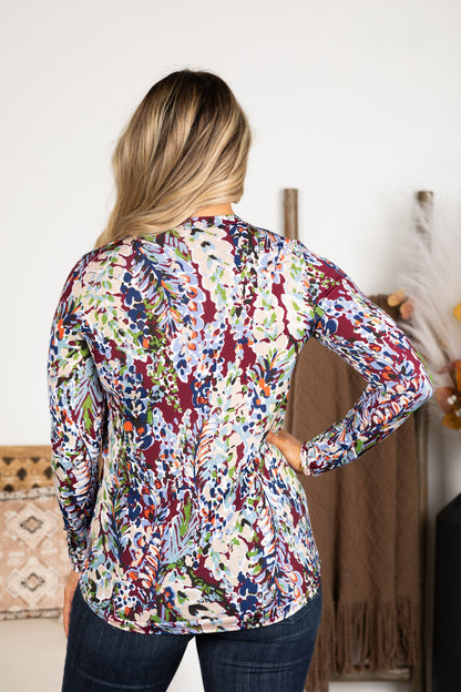 Burgundy Abstract Long Sleeve Knit Top