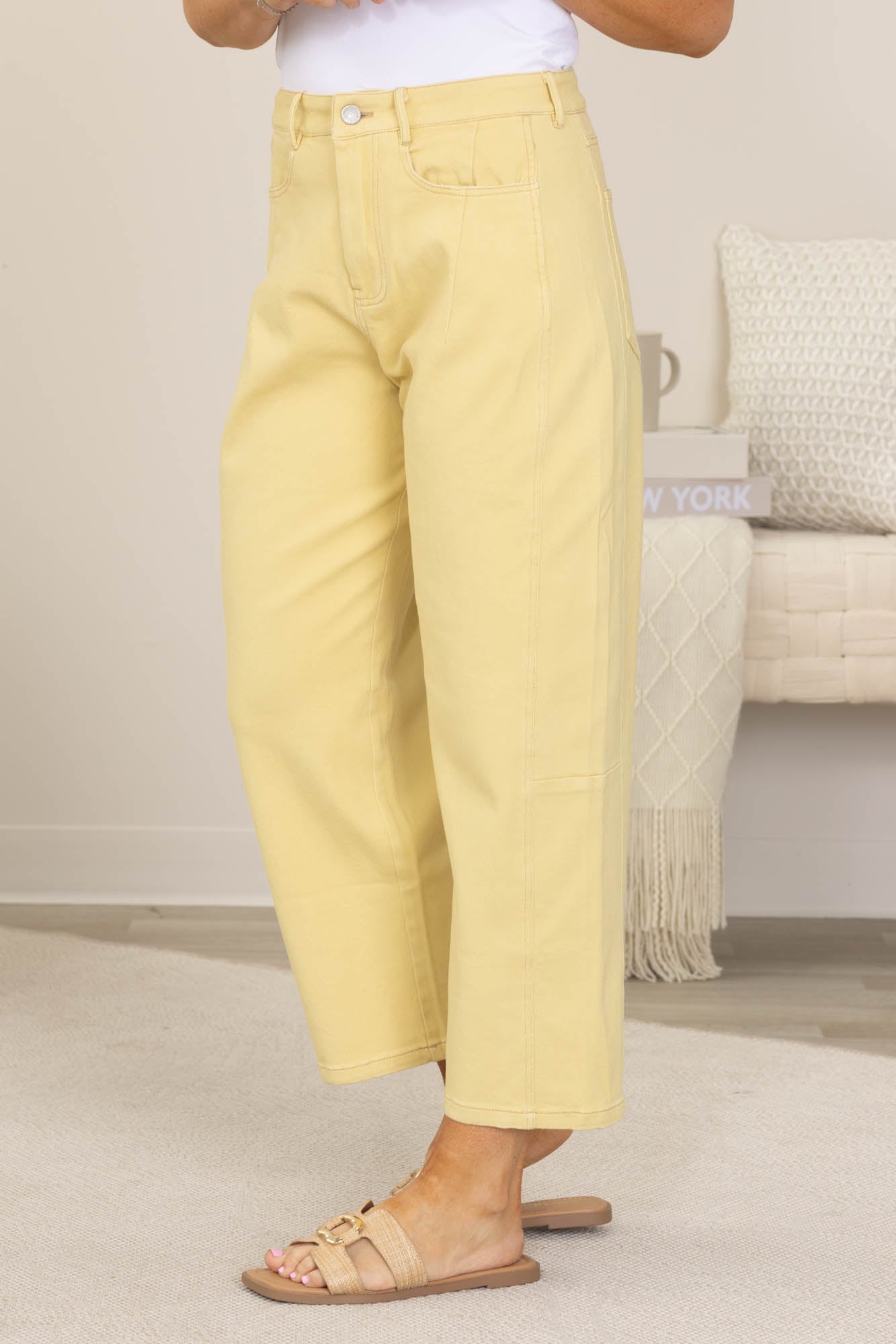 Butter Yellow Mid Rise Barrel Cotton Twill Jeans