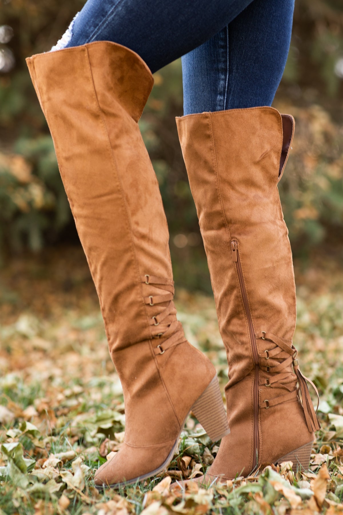 Camel Faux Suede Tall Boots With Tassel
