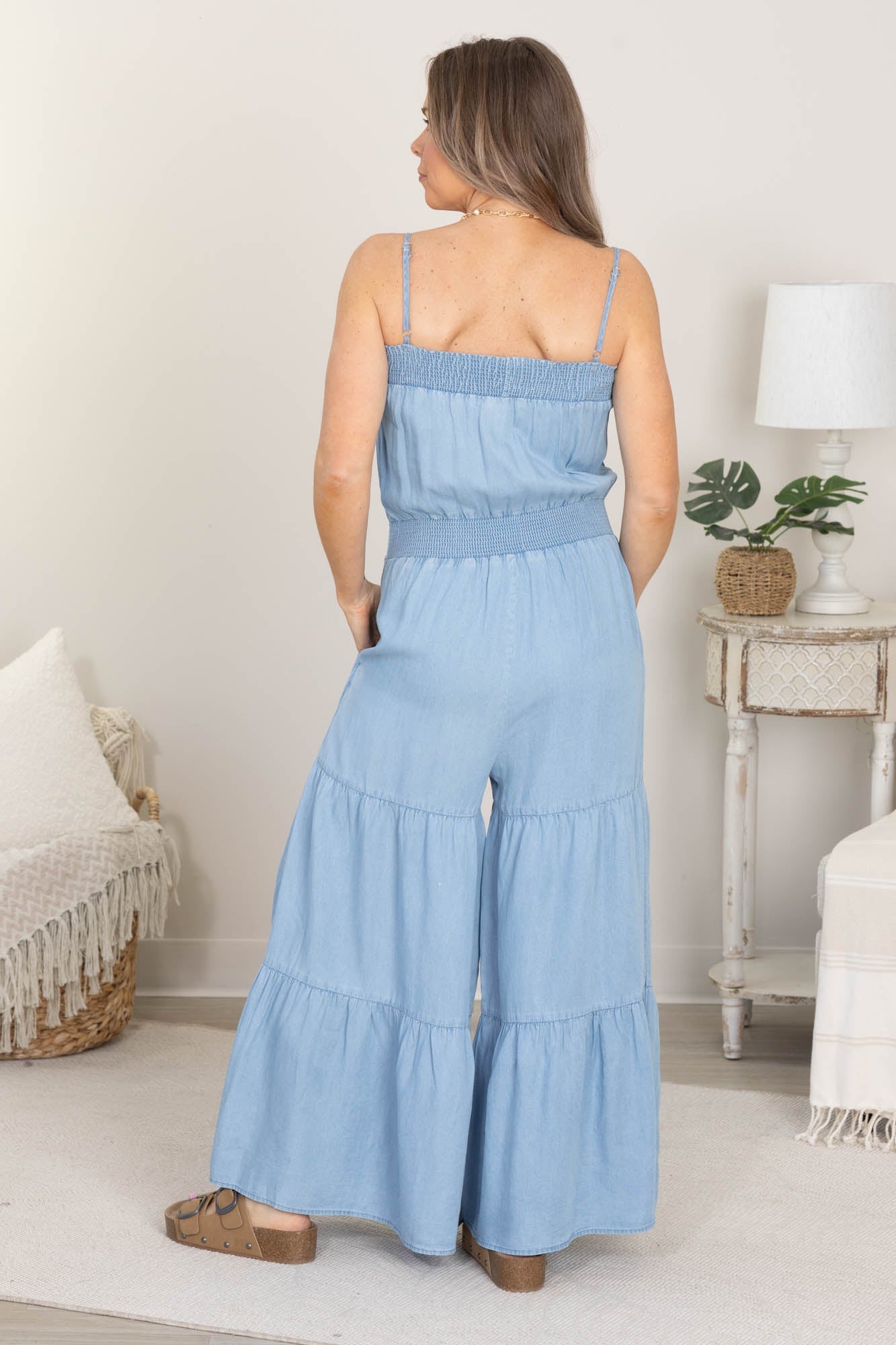 Chambray Smocked Tiered Wide Leg Jumpsuit