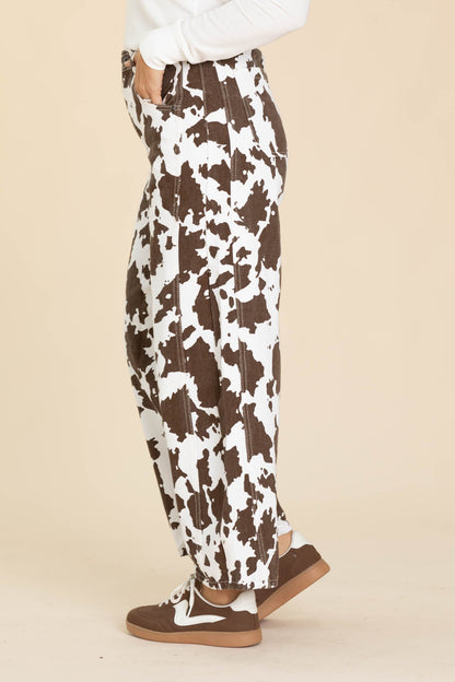 Brown And White Cow Print Barrel Pants