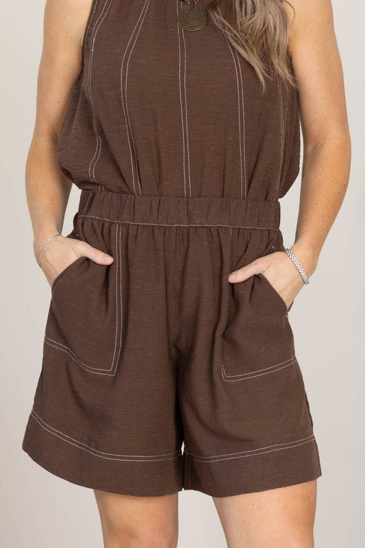 Brown Linen Blended Shorts