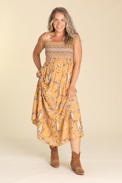 Copper Tie Shoulder Maxi Smocked Dress