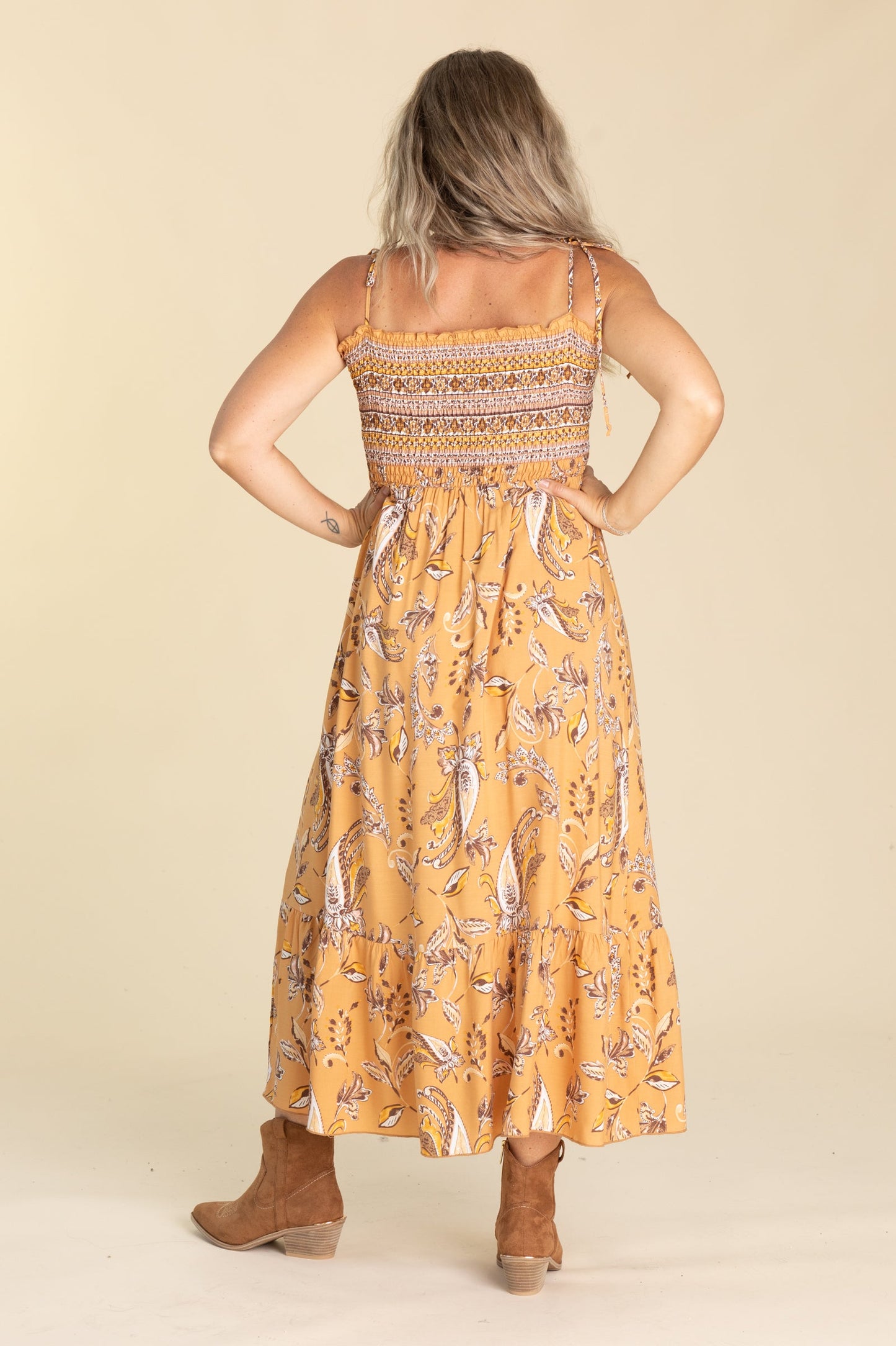 Copper Tie Shoulder Maxi Smocked Dress