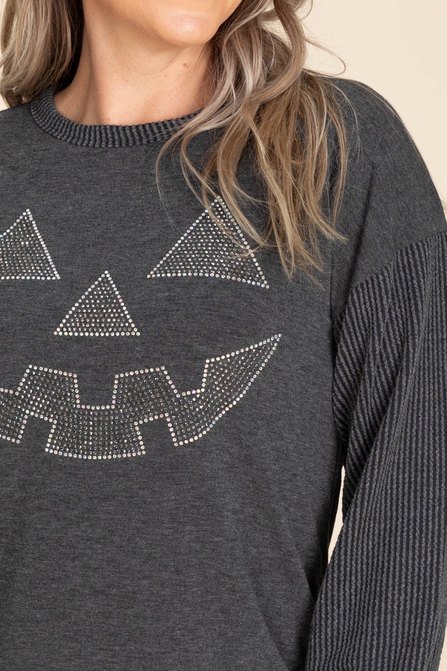 Charcoal Ribbed Halloween Rhinestone Knit Top