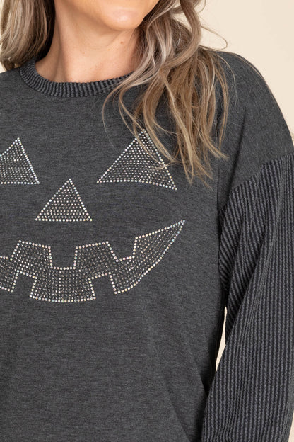 Charcoal Ribbed Halloween Rhinestone Knit Top