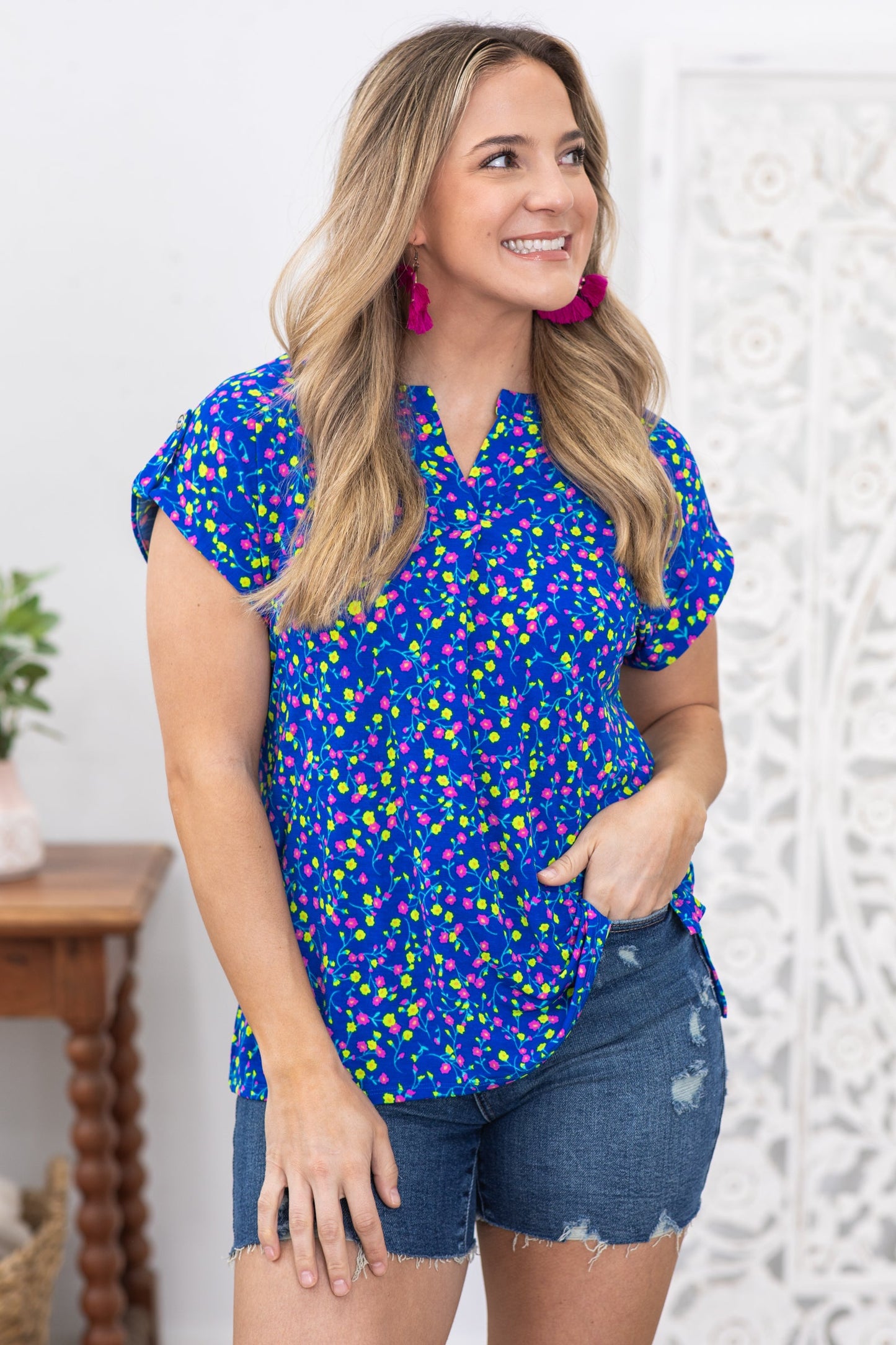 Cobalt Ditsy Floral Wrinkle Free Lizzy Top