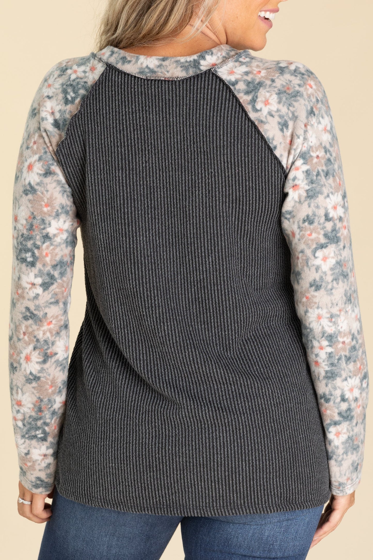 Charcoal Ribbed With Floral Sleeves Knit Top