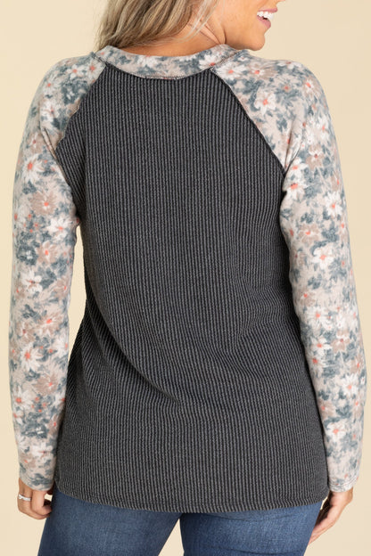 Charcoal Ribbed With Floral Sleeves Knit Top