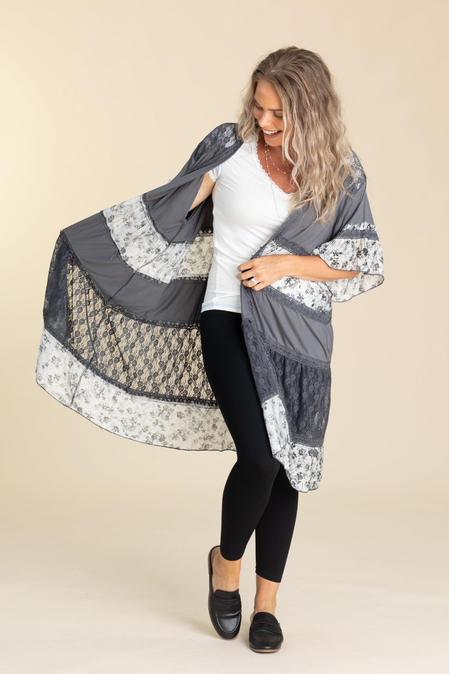 Charcoal Open Cardigan Shirring Ruffle Detail