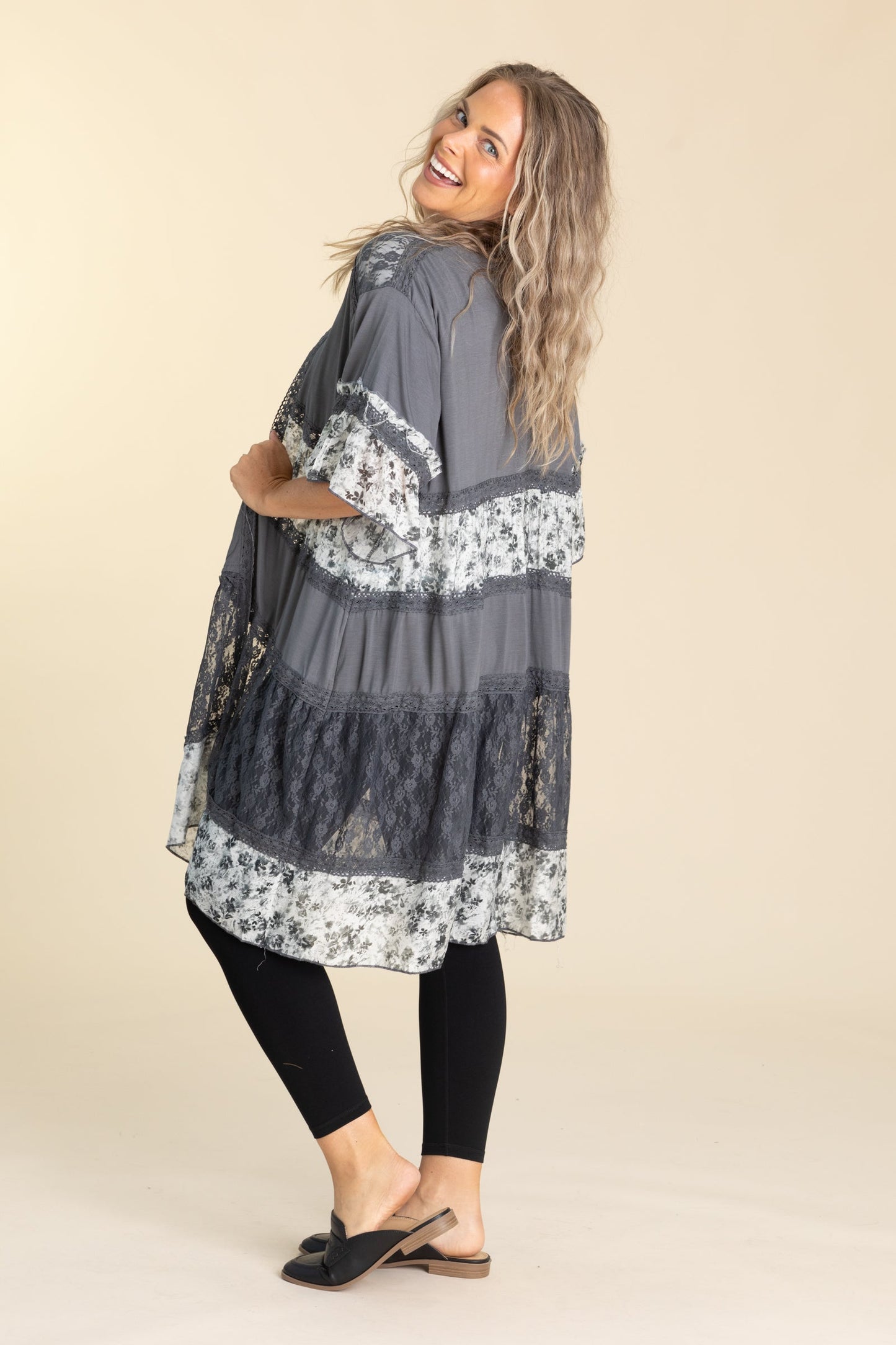 Charcoal Open Cardigan Shirring Ruffle Detail