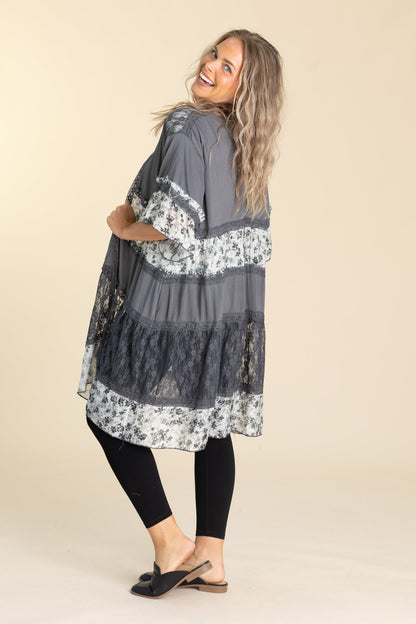 Charcoal Open Cardigan Shirring Ruffle Detail