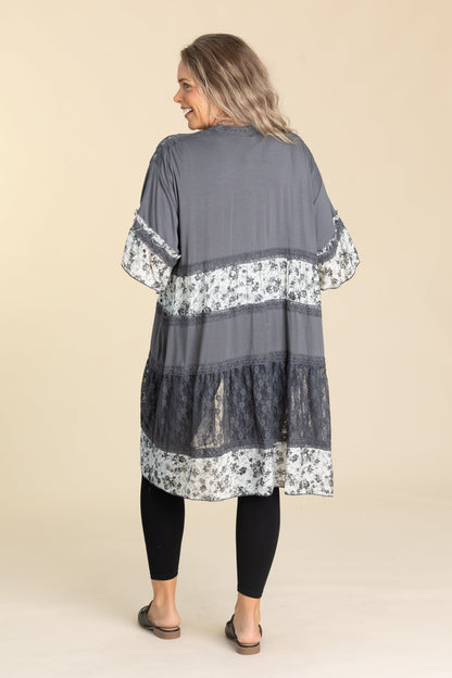 Charcoal Open Cardigan Shirring Ruffle Detail