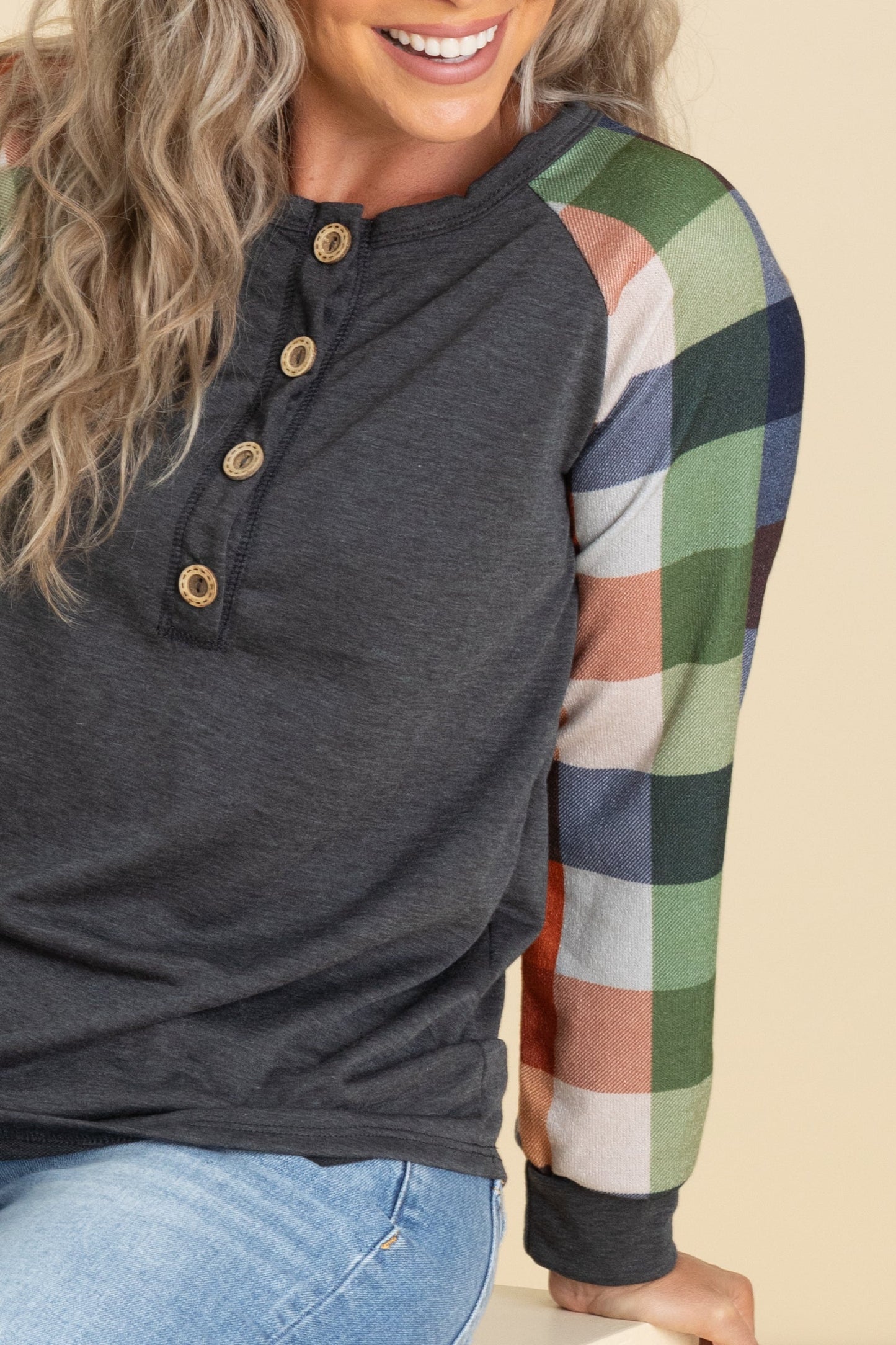 Charcoal Plaid Long Sleeve Knit Top