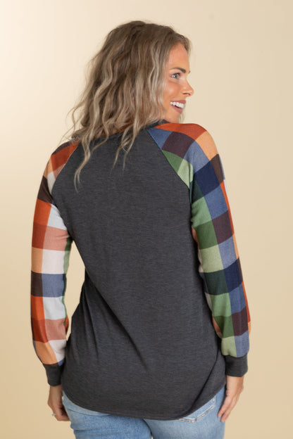 Charcoal Plaid Long Sleeve Knit Top
