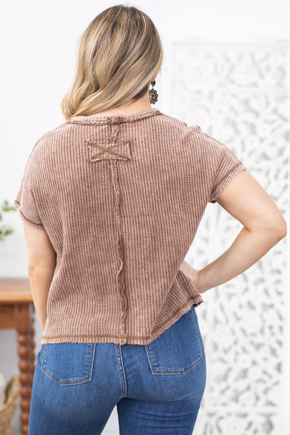 Brown Washed Stitch Detail Waffle Knit Top