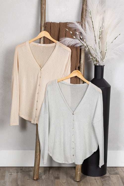 Button Front Melange Knit Long Sleeve Top