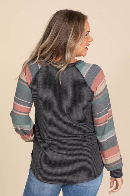 Charcoal Rib Knit Top With Multicolor Sleeves