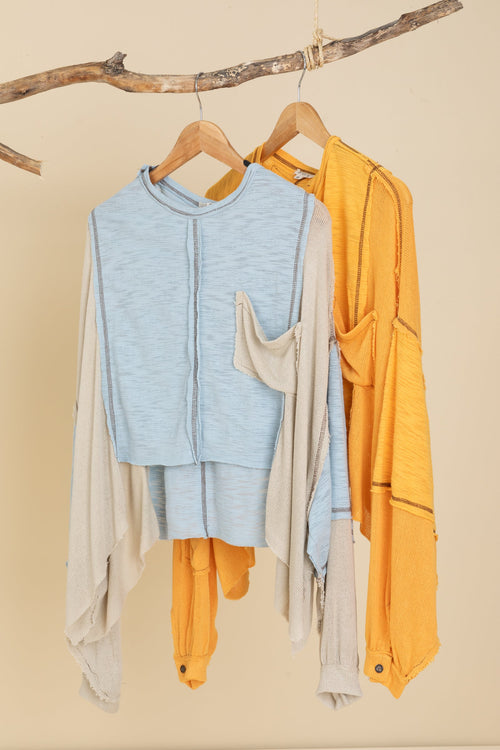 Contrast Balloon Long Sleeve Raw Edge Knit Top