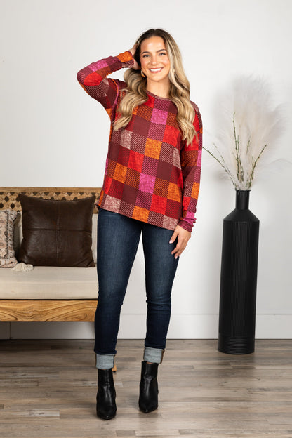 Burgundy Checker Plaid Soft Hacci Knit Top