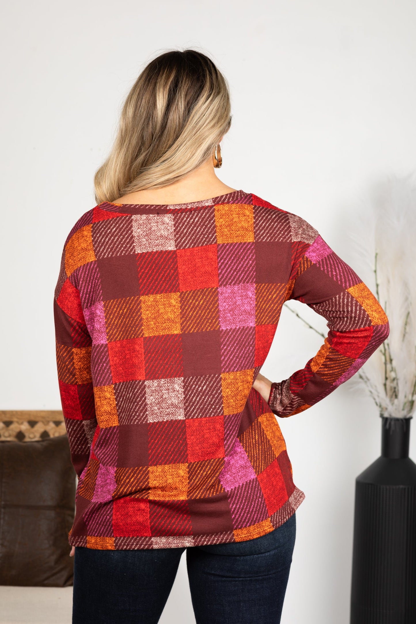Burgundy Checker Plaid Soft Hacci Knit Top