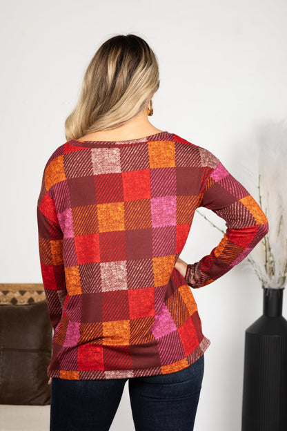 Burgundy Checker Plaid Soft Hacci Knit Top