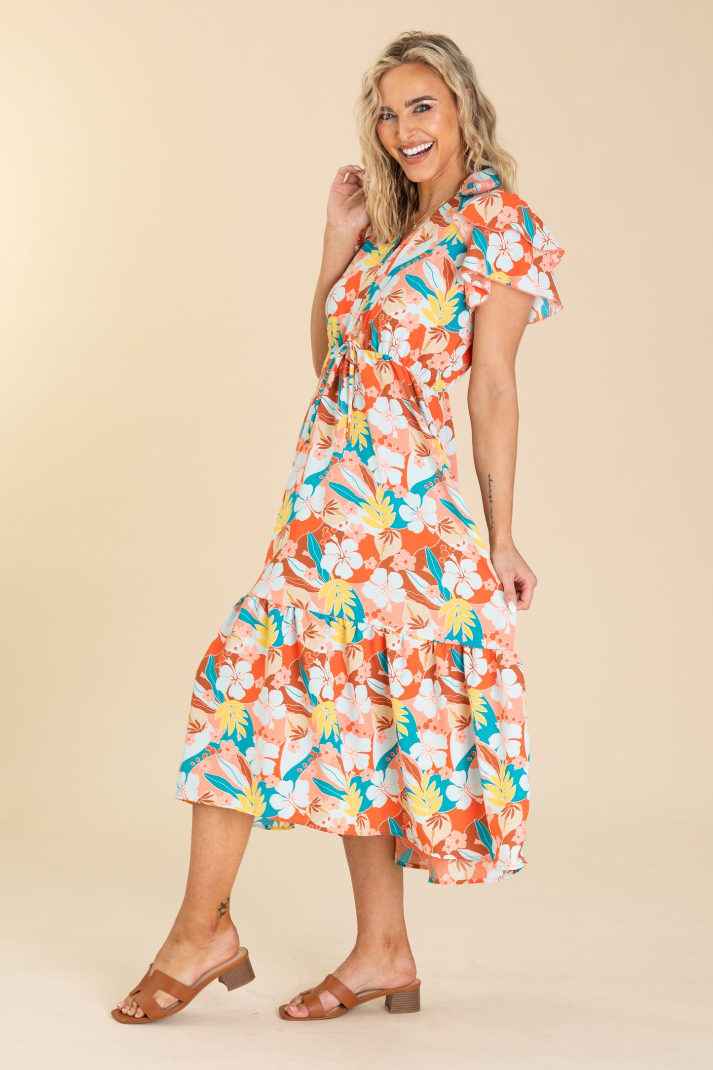 Coral Floral Print Elastic Waist Dress