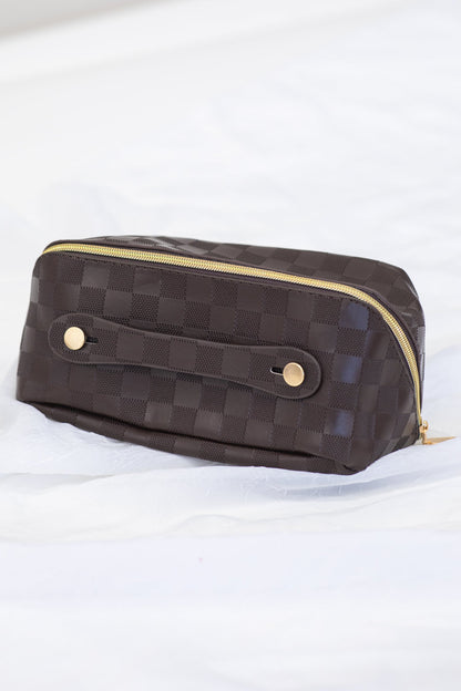 Brown Checkerboard Faux Leather Makeup Bag