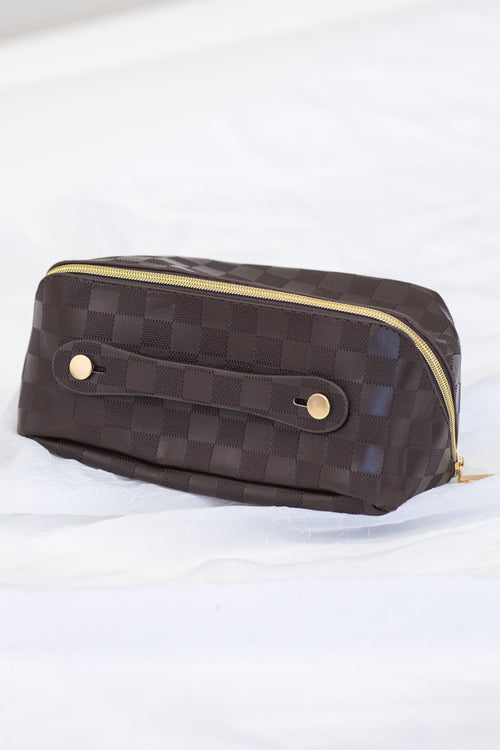 Brown Checkerboard Faux Leather Makeup Bag
