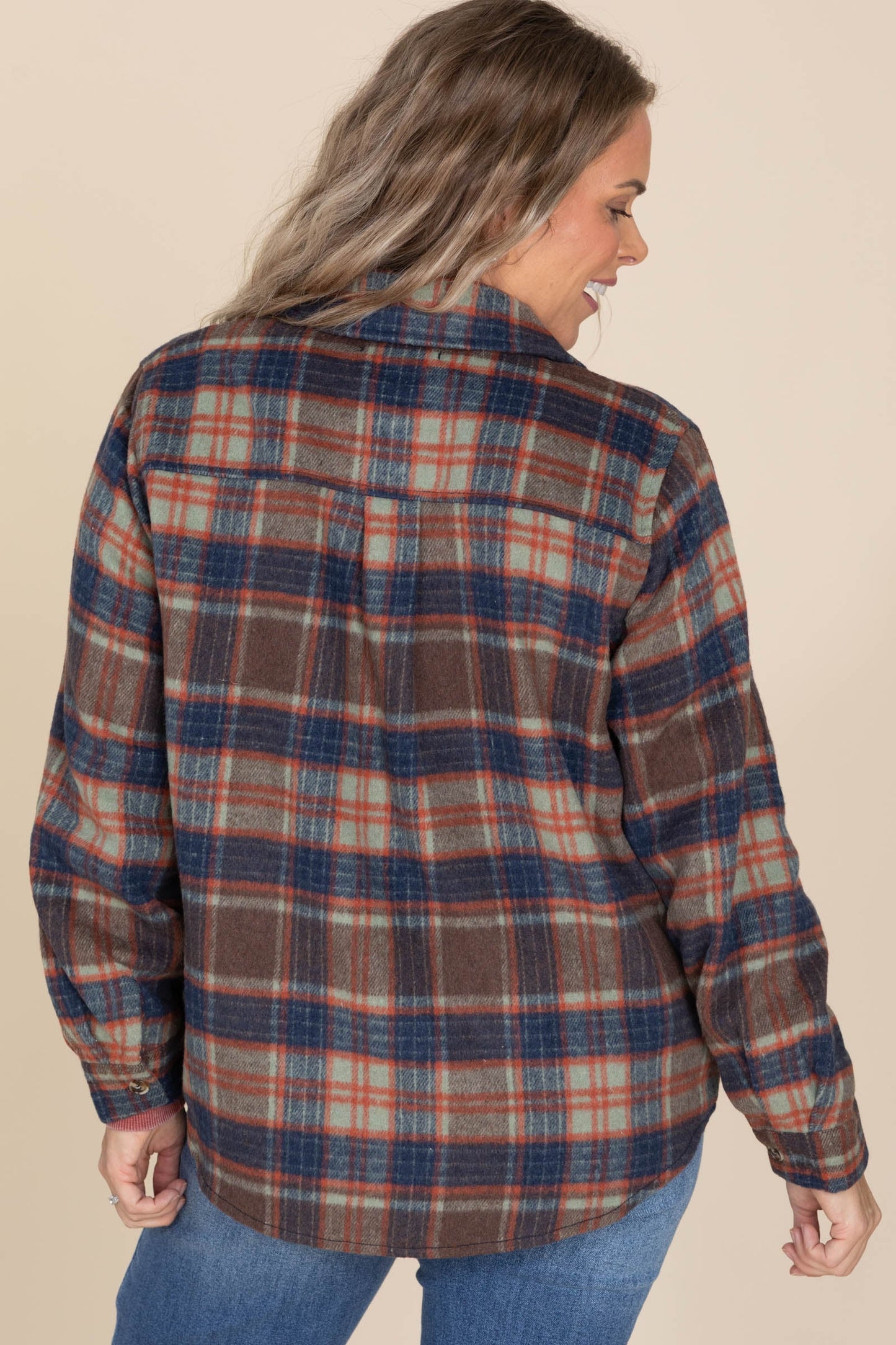 Brown And Navy Plaid Button Down Shacket