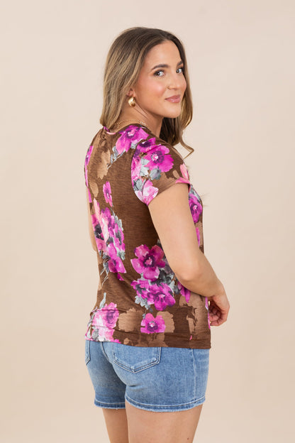 Brown With Pink Floral Short Sleeve Knit Top