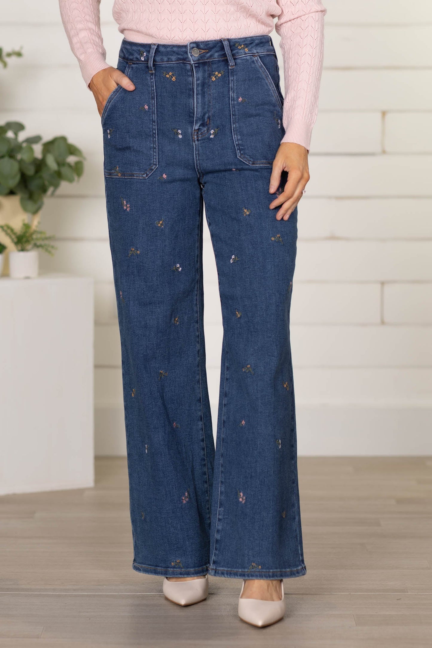 Cello High Rise Embroidered Wide Jeans