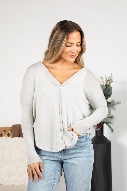 Button Front Melange Knit Long Sleeve Top
