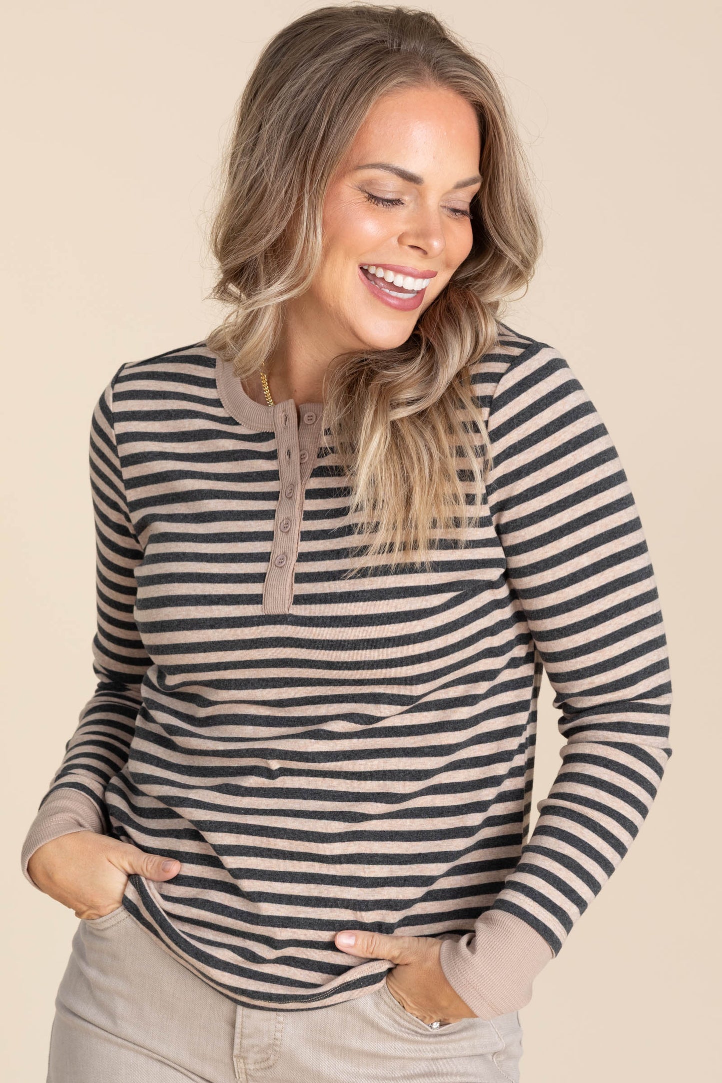Button Henley Striped Knit Tops
